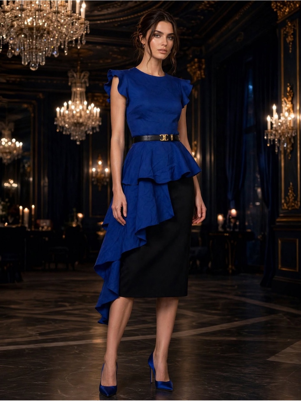 L.N.V Royal Blue Peplum Top Ruffle Asymmetric High Low Hem Flutter Sleeve Small